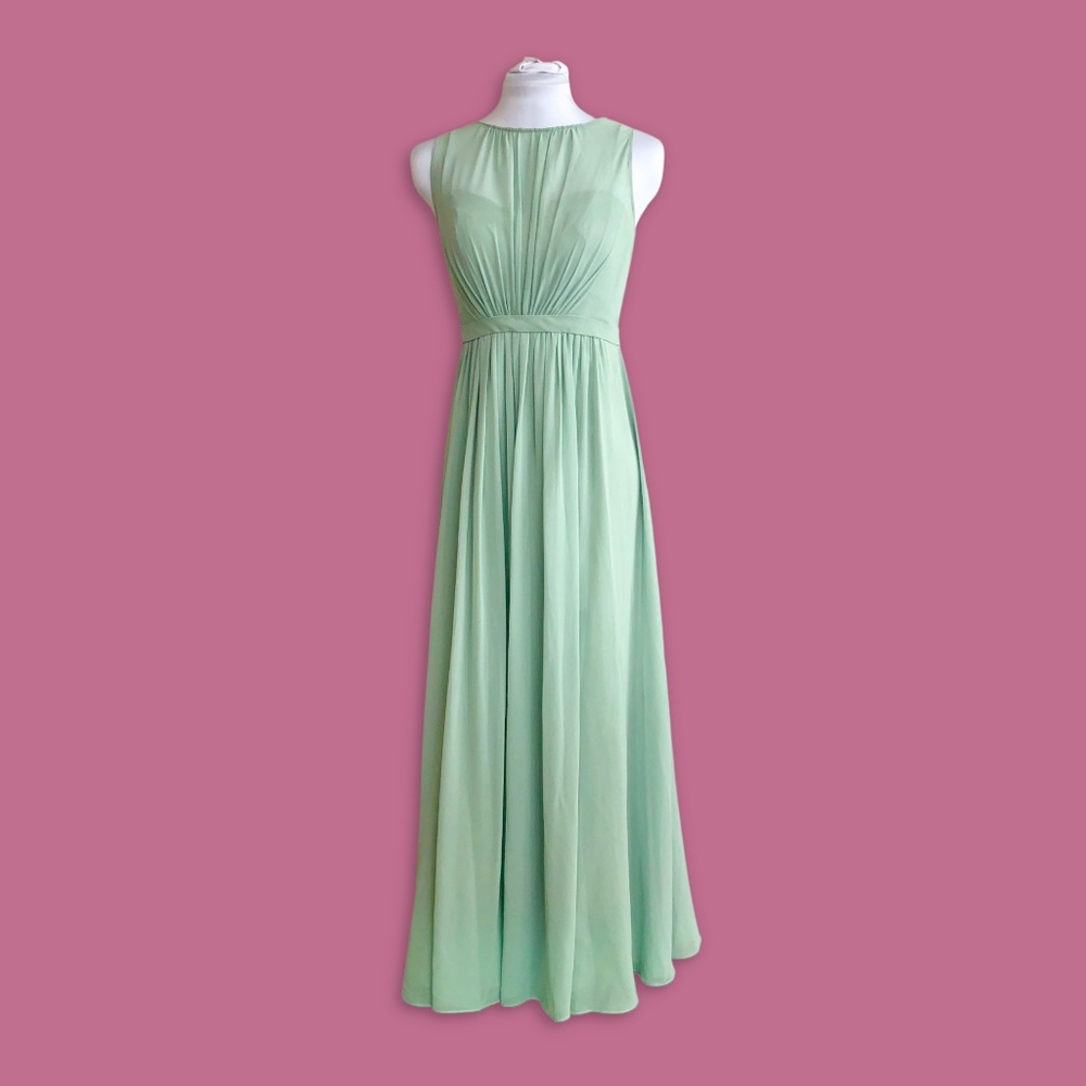 Seafoam High Neck Drop Back Full Length Formal Dress